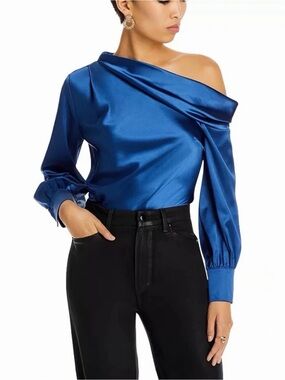 SIMKHAI Women’s Alice One Shoulder Off Shoulder Satin Draped Top in Marine Blue